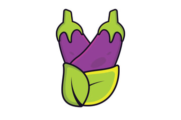 Purple Eggplant vegetable with Green Leaves vector illustration. Food nature icon concept. Healthy vegetable purple eggplant and green leaves vector design. Healthcare medical leaves icon logo.