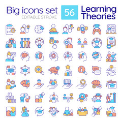 Editable multicolor big line icons set representing learning theories, isolated vector, linear illustration.