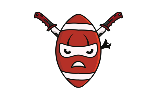 Rugby Ball Ninja with Swords vector illustration. Sports object icon concept. Ninja mascot with American football vector design. Creative ninja rugby ball logo icon.