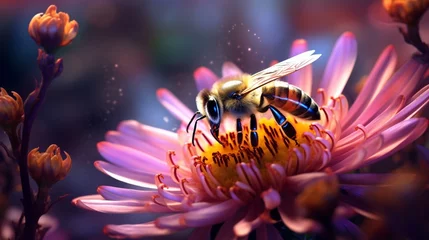 Foto op Canvas A bee, drawn to a colorful flower, partaking in the nectar's sweet embrace. © rehman