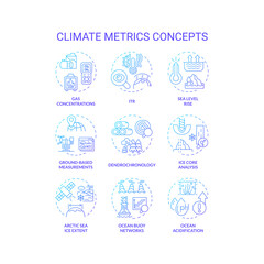 Collection of 2D gradient thin line icons representing climate metrics, isolated vector, linear illustration.