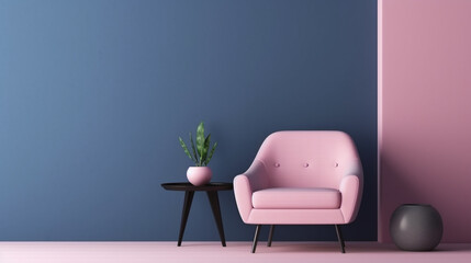 Modern room interior with baby pink armchair and table with dark blue color wall. generative ai - obrazy, fototapety, plakaty