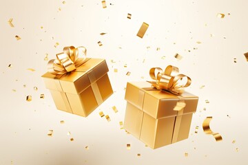 Golden elegance. Shining merry christmas gift box with sparkling bow on white background. Festive radiance. Glittering gold ribbon adorns holiday present. Celebration glow. Bright and touch