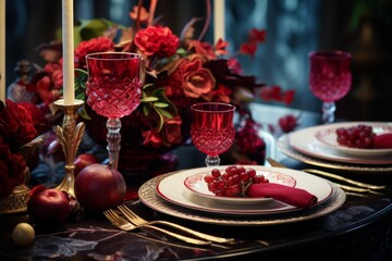 A Table Set with Plates and Glasses Overflowing with Vibrant Red Flowers