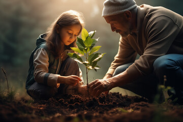 Family plant a seedling tree, ecology photo, eco concept, planting a tree in a forest, new life, child and grandpa, daughter and dad  - obrazy, fototapety, plakaty
