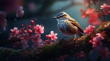 A bird, perched on a swaying flower, embracing the harmony of the natural world.
