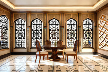 Arabic, Islamic style interior. Rattan chair, table and arabic pattern in window with shadow. pastel color wall