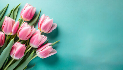 Pink tulips on turquoise background with copy space. Top view - obrazy, fototapety, plakaty