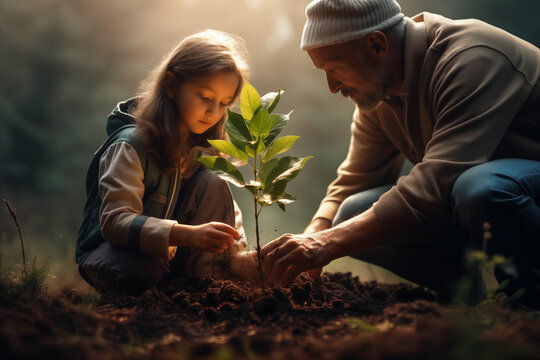 Family plant a seedling tree, ecology photo, eco concept, planting a tree in a forest, new life, child and grandpa, daughter and dad 