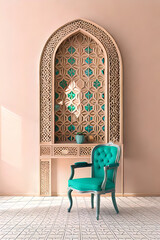 Arabic, Islamic style interior. Rattan chair, table and arabic pattern in window with shadow. pastel color wall