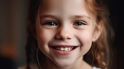 Fotobehang Toothless child. Cute little girl smiles broadly. The first milk tooth fell out. The concept of pediatric dentistry and dental hygiene. © 3D Station