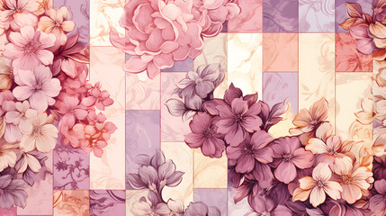 Patchwork seamless pattern from patches with beautiful floral ornaments texture marble. Generative...