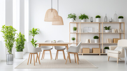 Plants on shelves and rug in white apartment interior with chairs at dining table lamp generative ai