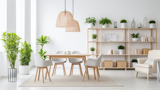 Plants On Shelves And Rug In White Apartment Interior With Chairs At Dining Table Lamp Generative Ai