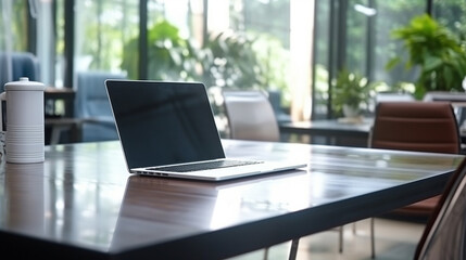 Selective focus of table laptop. Contemporary Office Table, documents chairs in office generative ai