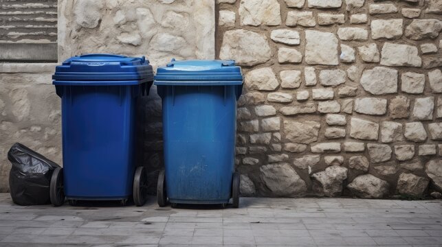 two blue colored wheeled garbage can one of which is filled with cardboard waste, stand outside against a stone wall.