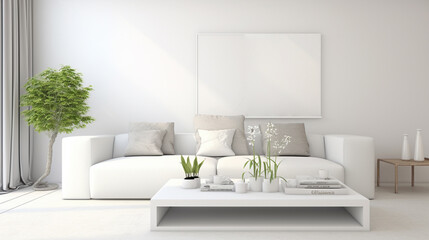 Stylish white modern living room interior with sofa and armchair, shelf with. generative ai