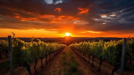 Naklejka premium Farmland with a beautiful sunset, A Beautiful Sunset over vineyard