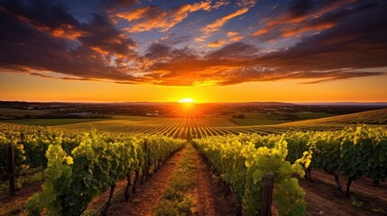 Farmland with a beautiful sunset, A Beautiful Sunset over vineyard - obrazy, fototapety, plakaty