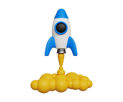 3D business start up concept. Vision, future innovation, fast growth and boost. Rocket launch with smoke. 3d illustration