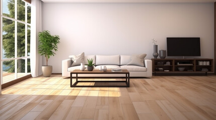 Modern living room with wood floor. Modern, white minimalist interior. generative ai