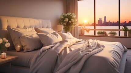 A luxurious bedroom with a sunrise at the head of the bed.