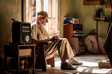 An elderly man listening to music in an old apartment, loneliness - obrazy, fototapety, plakaty