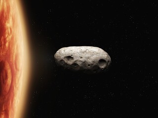 Deimos is a satellite of Mars. Red planet moon in space isolated. An asteroid covered with craters.