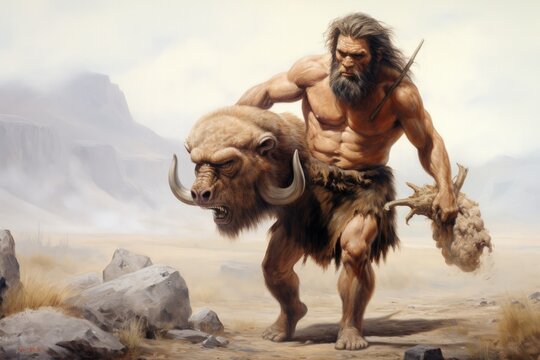 Caveman hauling a kill back to the living site 