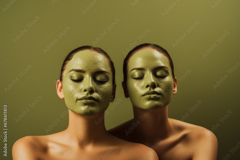 Poster a pair of identical twin sisters applying a matcha tea facial mask for anti-aging skincare relaxing 