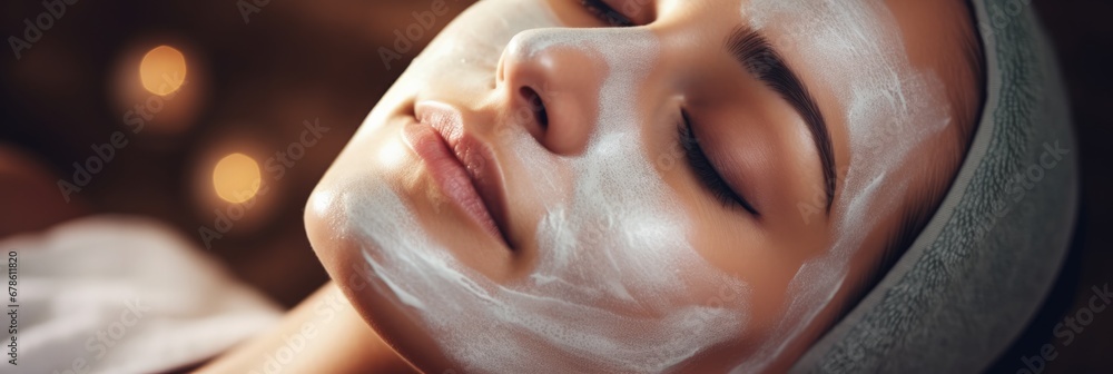 Poster A professional esthetician applying an oxygenating bubble facial mask on a client relaxing spa background with empty space for text 