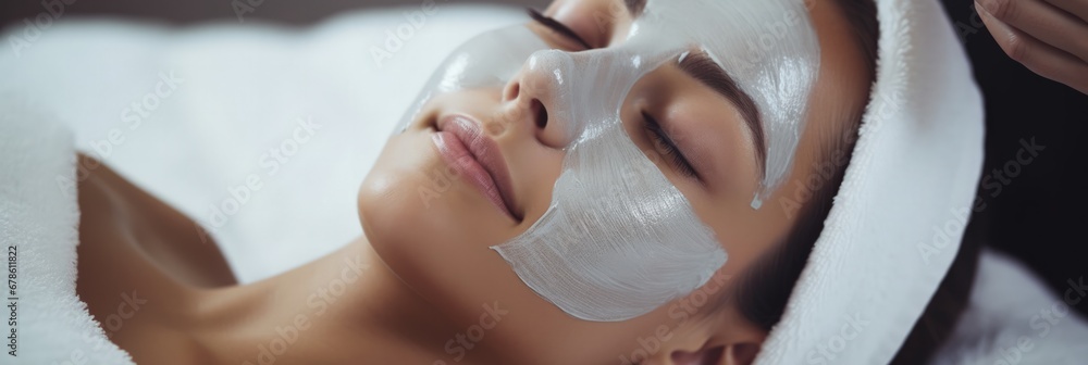 Poster A professional esthetician applying an oxygenating bubble facial mask on a client relaxing spa background with empty space for text 