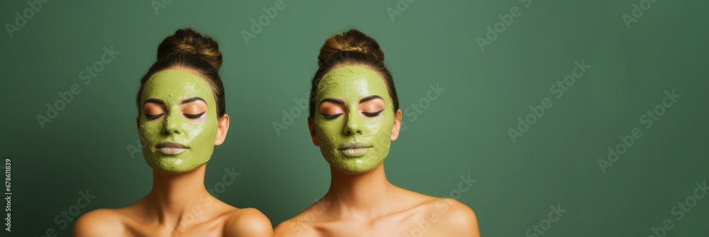 Poster a pair of identical twin sisters applying a matcha tea facial mask for anti-aging skincare relaxing 