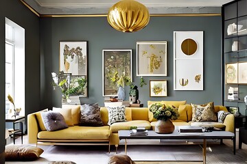 Architectural Digest photo of a Japanese and Scandinavian design style living room with golden light