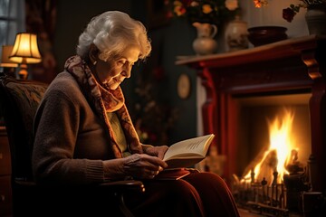 Fototapeta premium An elderly woman sits by the fireplace with a picture of her late spouse and book, loneliness