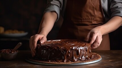 Woman making chocolate cake at the bakery, close-up.