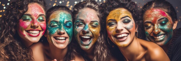 A group of friends having fun with a multicolored glitter facial mask party relaxing spa background with empty space for text  - Powered by Adobe