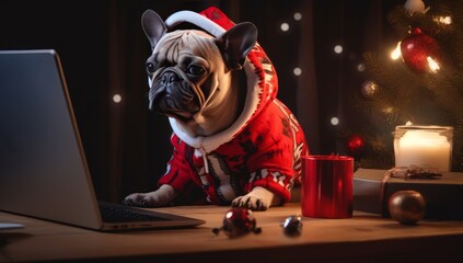 A Festive Pup Embracing the Holiday Spirit with a Laptop in Tow