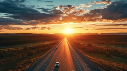 Aerial view of cars on the road rushing towards the sunset