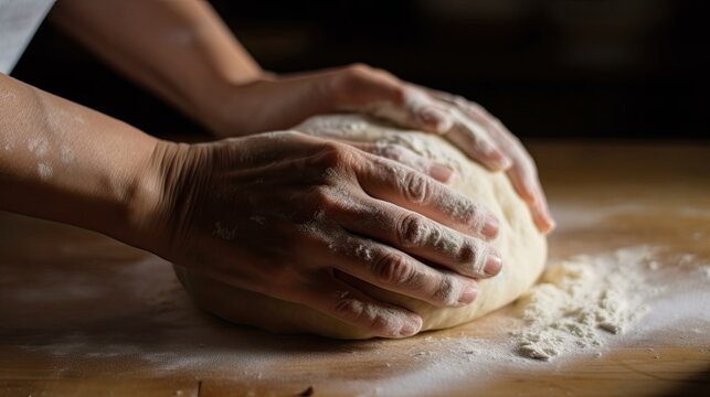 Woman kneading bread dough. Close up of her hands touching the dough.