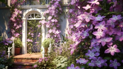 A blooming clematis vine, with its intricate purple and white flowers climbing a garden trellis, creating a whimsical and enchanting scene.
