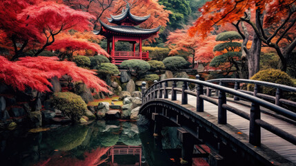 beautiful view of ancient palace gardens in Kyoto Japan created with Generative AI Technology - obrazy, fototapety, plakaty