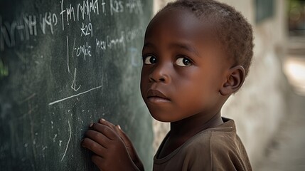 Young child writing on chalkboard in a school in Haiti