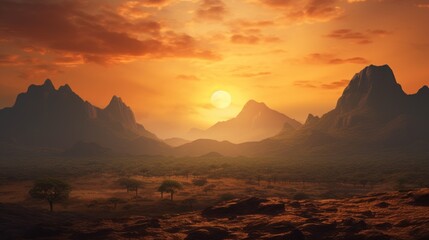 Landscape with sunset concept,African landscape with mountains silhouettes and sunset - Powered by Adobe