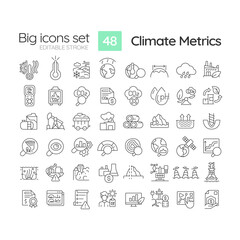 2D editable black big thin line icons set representing climate metrics, isolated simple vector, linear illustration.