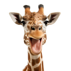 Portrait of smiling giraffe isolated on a white background - obrazy, fototapety, plakaty