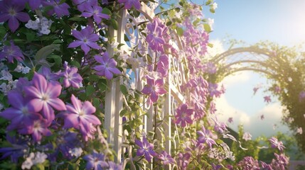 A blooming clematis vine, with its intricate purple and white flowers climbing a garden trellis,...