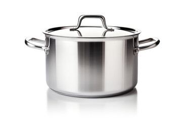 Stainless steel pot with lid on white background