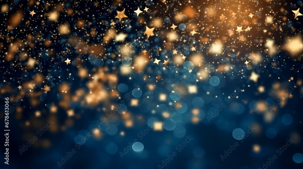 Poster blue background with amazing soft bokeh lights and shiny golden elements - christmas or new year bac