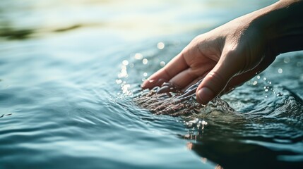 Close-up of hands with water in the lake, woman's hands with water surface